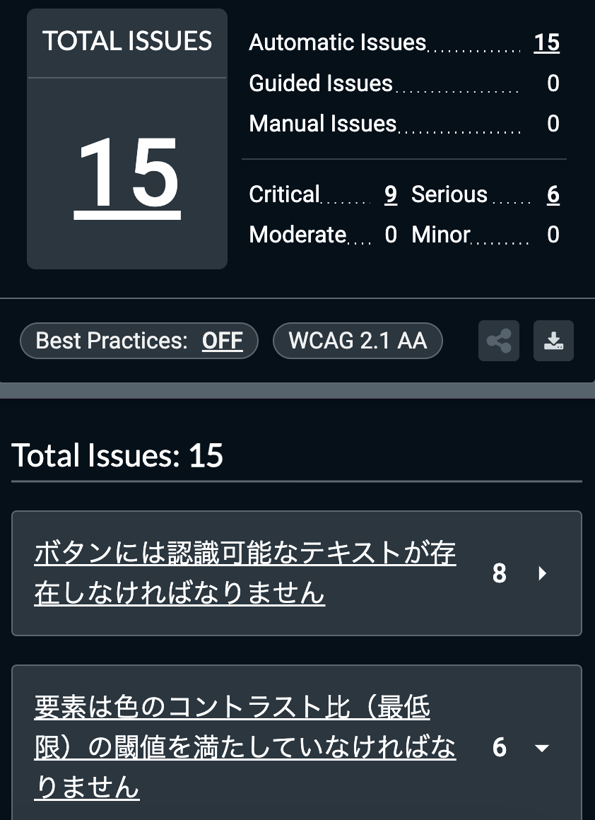 axeのアクセシビリティの解析結果 15の問題が検出された